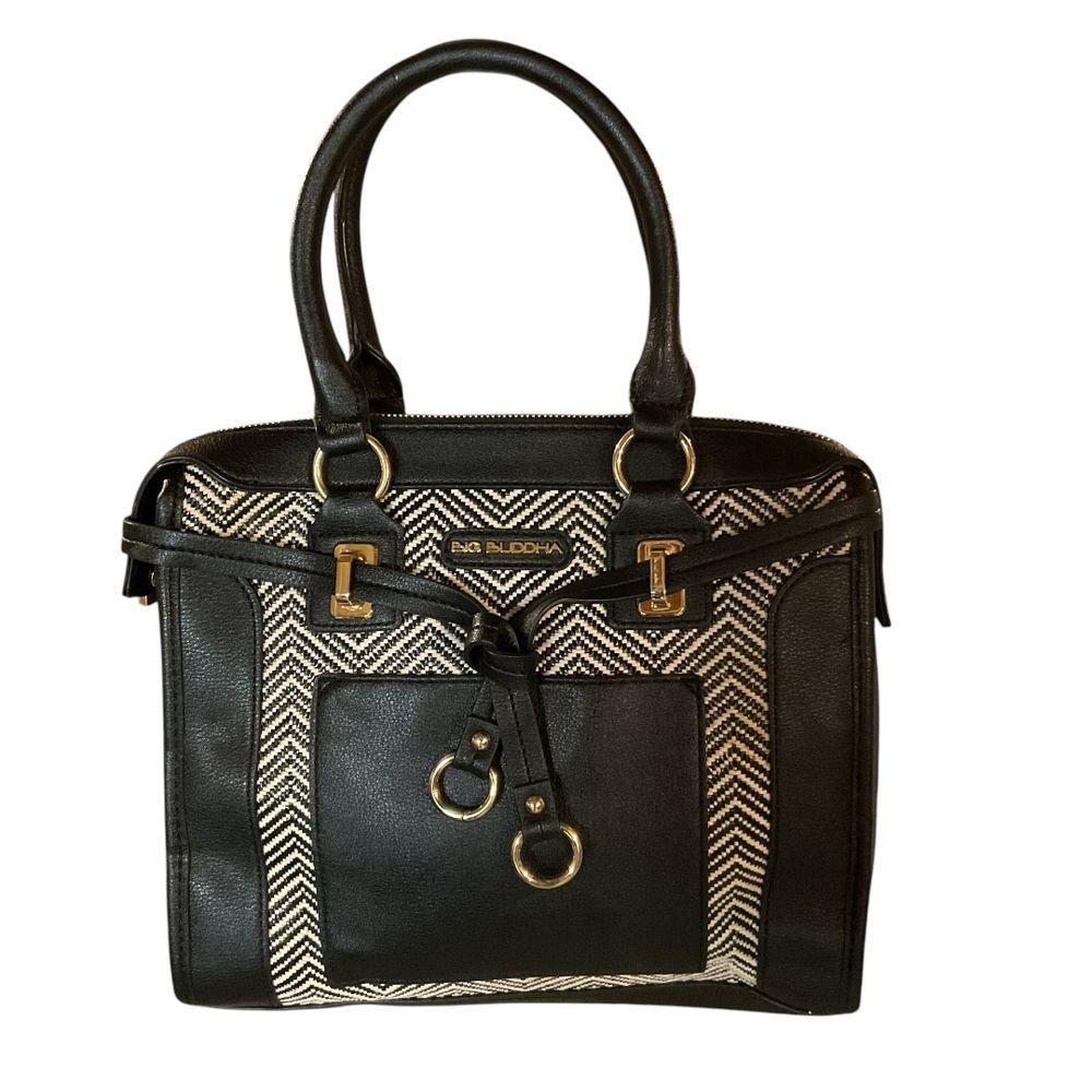 Big Buddha Chevron Pattern Straw Satchel Handbag Black‎ White with Gold Accent